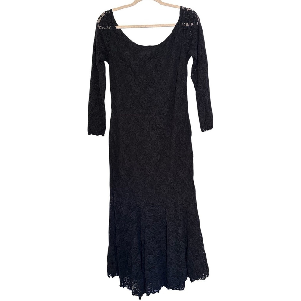 Black Floral Lace Maxi Dress Sz Large Drop Waist Mermaid Goth Witchy Whimsigoth